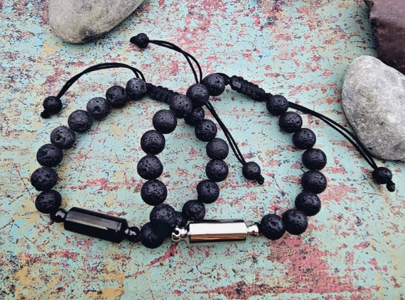 Men's Lava Stone Cremation Bracelet: Stainless Steel Urn, Memorial Jewelry
