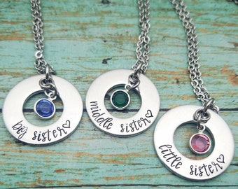 Sister Gift Big Sister Middle Sister Little Sister Washer Necklaces Birthstone Necklaces Sister Gift Big Sis Gift Little Sister Jewelry