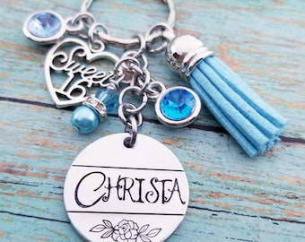Chaveiro personalizado para festa de 16 anos: pingente de strass, borla, pingente com nome
