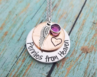 Pennies from Heaven * Penny Memorial Necklace * Memorial Jewelry * Heart Penny Necklace - Angel Wing Jewelry  * Memorial Gift Penny Poem *