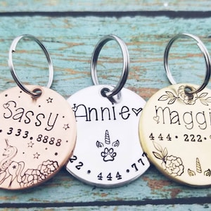 Etiqueta de identificación para perro con unicornio, personalizada, única, personalizada, con nombre de perro, etiqueta para perro, hecha a mano, etiqueta para perro con unicornio, etiqueta rústica para perro, unicornio