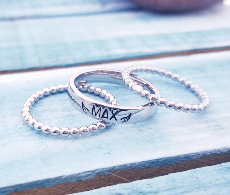 Personalized Ring Silver Stackable Name Rings Mom Ring Mother/'s Rings Mom Gift Memorial Name Ring Set Stainless Steel Stacking Name Ring