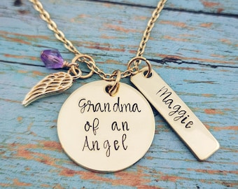 Grandma of an Angel Necklace: Gold Baby Loss Memorial, Personalized Birthstone
