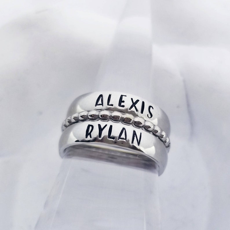 Personalized Ring Silver Stackable Name Rings Mom Ring Mother/'s Rings Mom Gift Memorial Name Ring Set Stainless Steel Stacking Name Ring