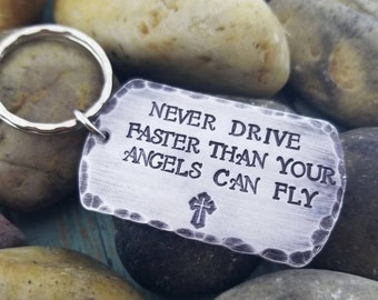 Teen Dogtag Keychain Never Drive Faster than your Guardian Angels Can Fly New Car Gift New Driver Cross Teen Boy Guy Gifts Sweet 16 guy gift