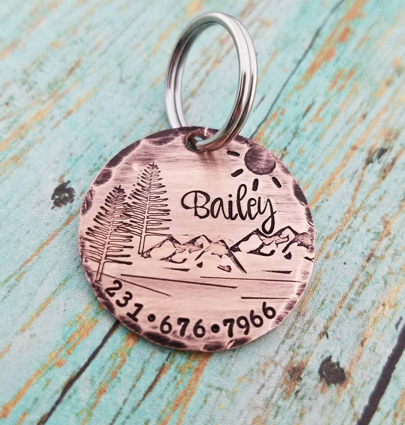 Unique Dog ID Tag Custom Made Hand Stamped Personalized Dog ID Dog Name Tag Dog Tag Hand Made Dog ID Mountain Dog Tag Rustic Dog Tag New Dog image 1