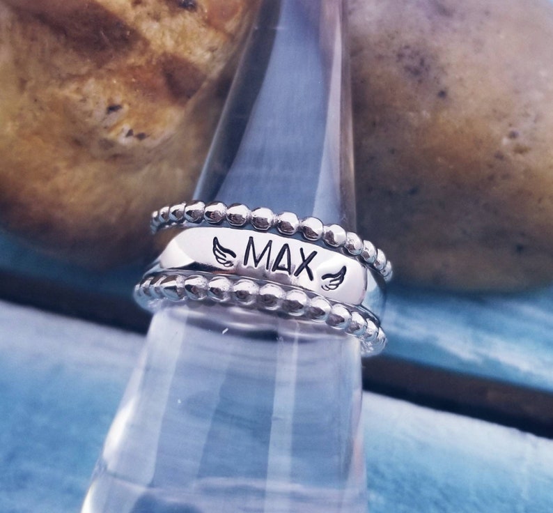 Personalized Ring Silver Stackable Name Rings Mom Ring Mother/'s Rings Mom Gift Memorial Name Ring Set Stainless Steel Stacking Name Ring