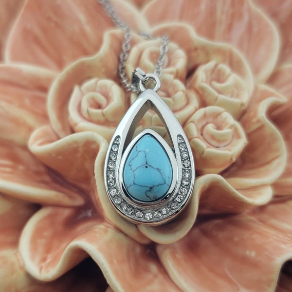 Teardrop Cremation Locket Necklace Non Tarnishing Urn Locket Stainless Turquoise Urn Necklace Fillable Jewelry for ashes Water Drop Urn