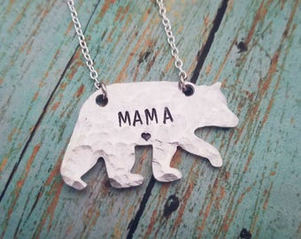 Hand Stamped Mama Bear Necklace: Sterling Silver Plated Mom Gift