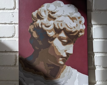 May include: A painting of a person's face with a white background and a red background. The person's hair is white and the face is brown. The painting is signed "CL22".