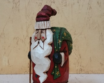 Jolly Sack Santa Primitive Folk Art Wood Carving