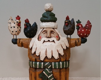 Chubby Chicken Santa Primitive Folk Art Woodcarving