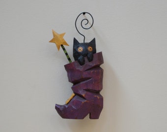 Boot Kitty Primitive Halloween Folk Art Ornament