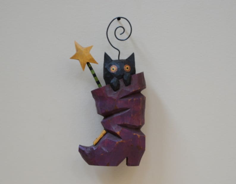 Boot Kitty Primitive Halloween Folk Art Ornament image 1