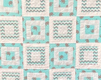 Baby/Crib Quilt Aqua with Grey Elephants