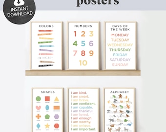 Educational Classroom Posters: Boho Colors, Numbers, Alphabet (Digital Files)