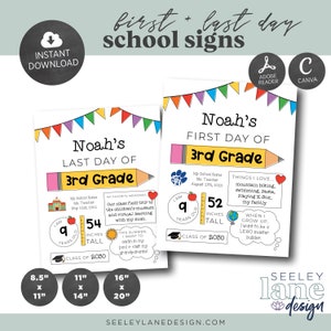May include: Printable school sign template for a child's first or last day of school. The sign features a colorful pencil, a graduation cap, and a banner with flags. The sign is customizable with the child's name, grade, and other details. The sign is available in three sizes: 8.5 x 11 inches, 11 x 14 inches, and 16 x 20 inches.
