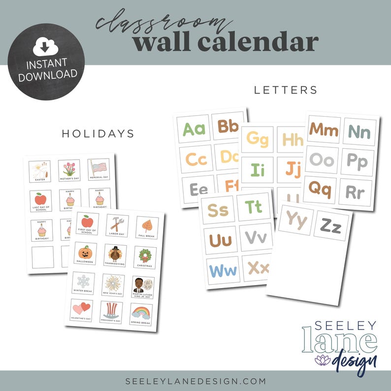 May include: A printable classroom wall calendar with a set of holiday and alphabet cards. The holiday cards feature illustrations of various holidays, including Easter, Halloween, Thanksgiving, and Christmas. The alphabet cards feature colourful letters in a variety of fonts and colours.