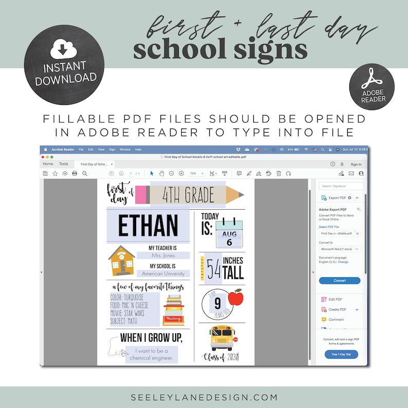 May include: A printable PDF file for a first day of school sign. The sign is decorated with a school bus, a pencil, and a red apple. The sign includes space to fill in the student's name, grade, teacher, school, favorite things, height, and what they want to be when they grow up. The sign also includes the text "First Day of School" and "Class of 2030".