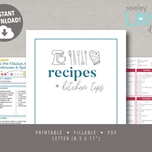 Recipe Book and Binder Kit with Kitchen Tips, Printable and Editable, Instant Digital Download image 1