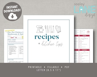 Recipe Book and Binder Kit with Kitchen Tips, Printable and Editable, Instant Digital Download