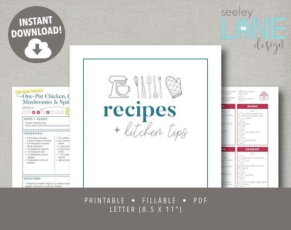Recipe Book and Binder Kit with Kitchen Tips, Printable and Editable, Instant Digital Download