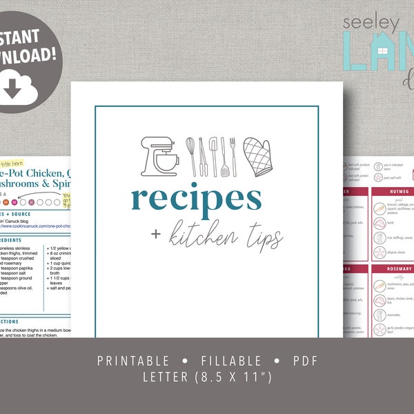 Recipe Book and Binder Kit with Kitchen Tips, Printable and Editable, Instant Digital Download