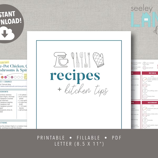 Recipe Book and Binder Kit with Kitchen Tips, Printable and Editable, Instant Digital Download