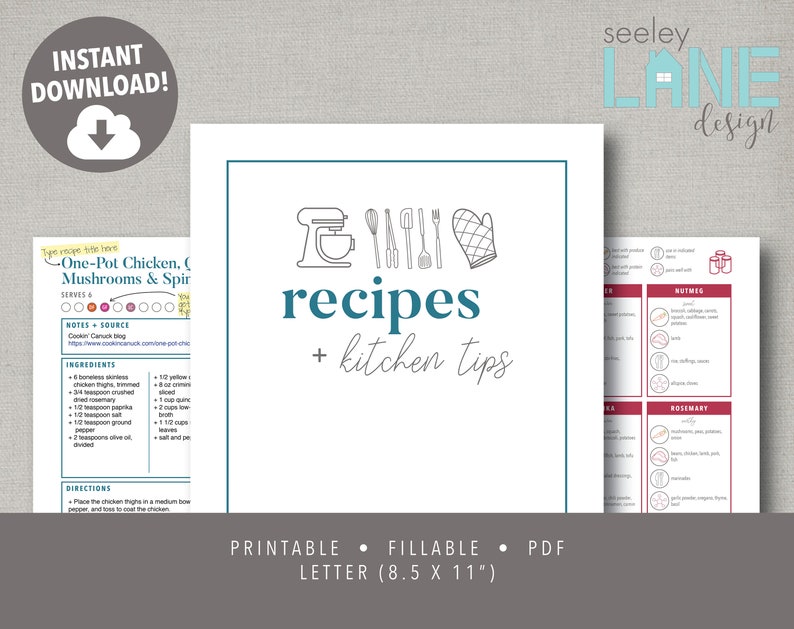May include: Printable recipe and kitchen tips guide with a blue and white color scheme. The guide features a drawing of a kitchen mixer, utensils, and a kitchen mitt. The text "recipes + kitchen tips" is in a teal blue font. The guide is printable on 8.5 x 11 inch paper.