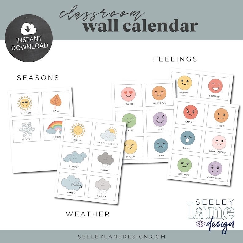 May include: A set of printable classroom wall calendar cards featuring illustrations of seasons, weather, and feelings. The cards are designed with a simple, modern aesthetic and feature a variety of colours and patterns.