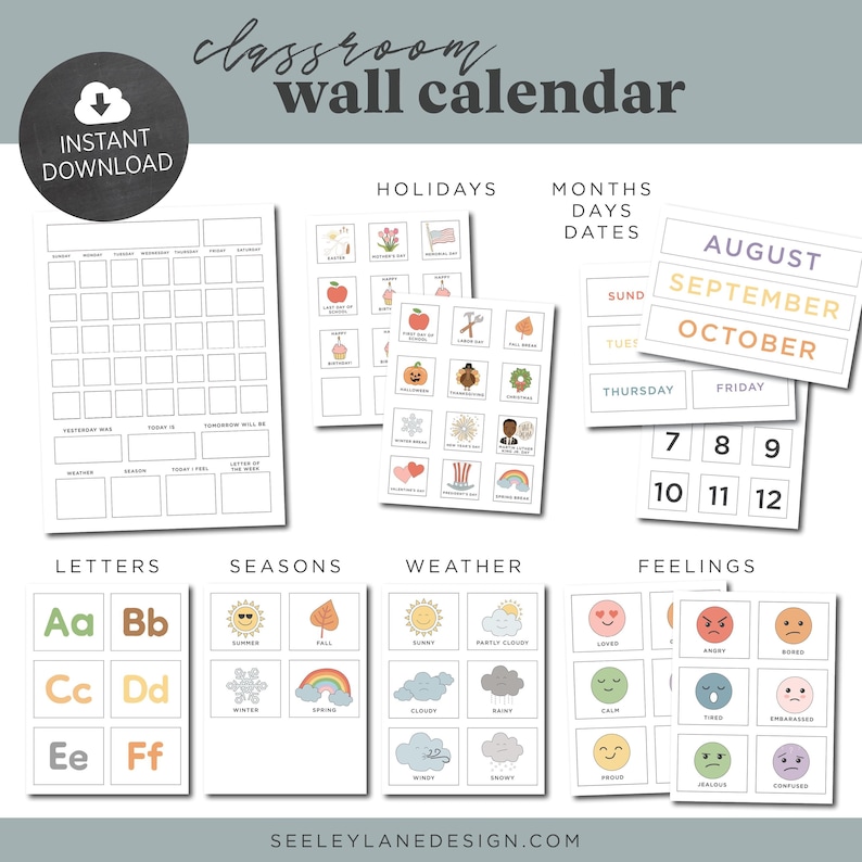 May include: A printable classroom wall calendar with colourful illustrations. The calendar includes sections for holidays, months, days, dates, letters, seasons, weather, and feelings. The calendar is designed to help children learn about the days of the week, months of the year, and different concepts.