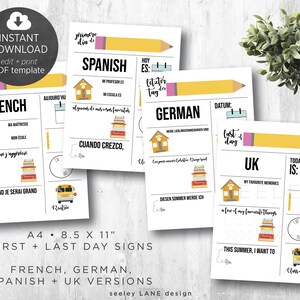 Modèle de signe imprimable premier et dernier jour d'école avec détails sur l'enfant, français, allemand, espagnol, Royaume-Uni, A4, 8,5 x 11", téléchargement immédiat, numérique