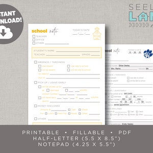 Puede incluir: Plantilla de nota escolar imprimible en tamaños de media carta y bloc de notas. La plantilla presenta un icono de escuela amarilla, una mascota escolar azul y blanca, y casillas de verificación para el maestro, la oficina, otros, ausencia, tardanza, recogida/salida anticipada y dinero incluido. La plantilla también incluye campos para el nombre del estudiante, el maestro, el grado, la fecha de hoy y la hora de recogida.