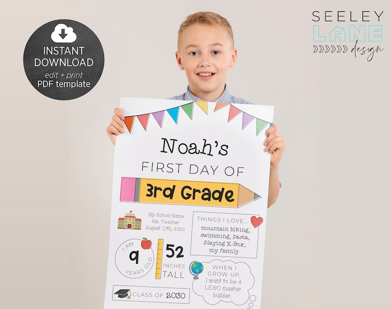 First and Last Day of School Sign with Flags, Printable, Editable PDF Template, Instant Download, Digital File image 2
