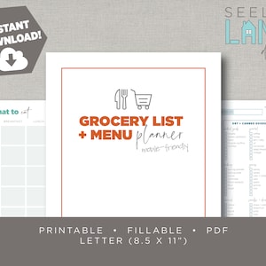 Grocery List Digital Template and Menu or Meal Planner, Mobile-Friendly, Printable, Fillable, Instant Download image 1