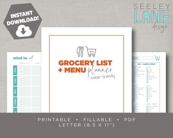 Grocery List Digital Template and Menu or Meal Planner, Mobile-Friendly, Printable, Fillable, Instant Download