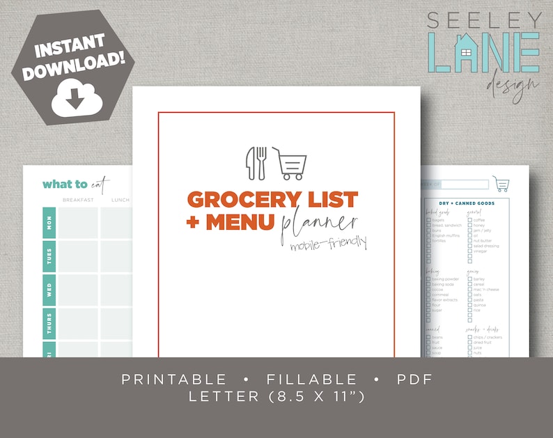 Grocery List Digital Template and Menu or Meal Planner, Mobile-Friendly, Printable, Fillable, Instant Download image 1