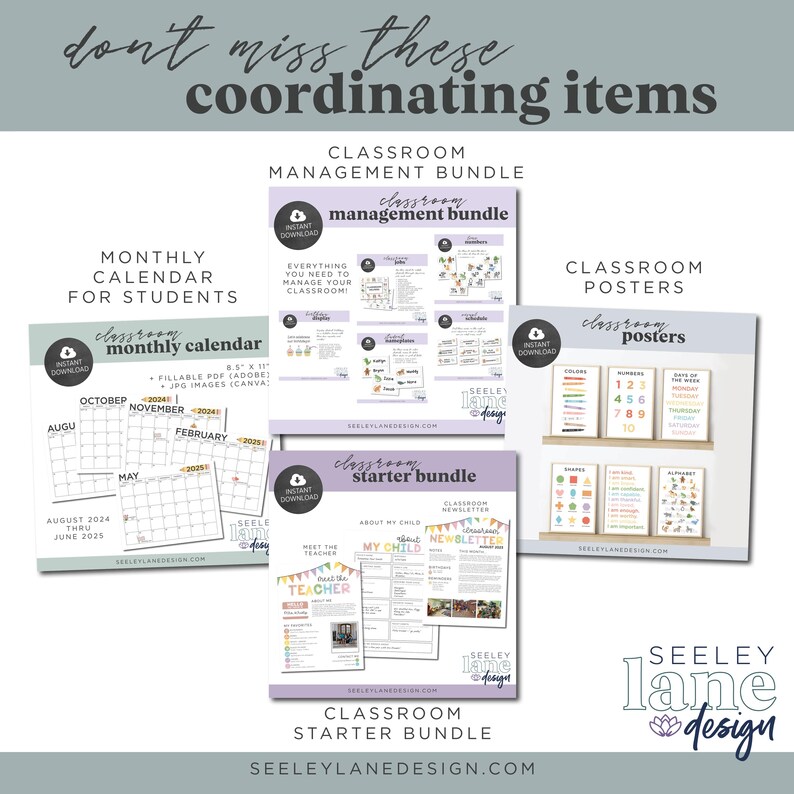 May include: A digital download product listing for classroom management and starter bundles. The image shows three different bundles: a classroom management bundle, a classroom starter bundle, and a classroom posters bundle. Each bundle features colourful graphics and text, such as "Classroom Management Bundle", "Classroom Starter Bundle", and "Classroom Posters".