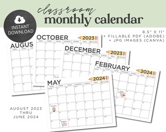 Printable, Editable Monthly Classroom Calendar, PDF Template and JPG Images for Adobe and Canva, Instant Download, Digital Files