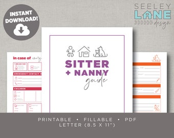 Babysitter / Nanny / Childcare / House Sitter / Pet Sitter Guide, Printable, Fillable, Instant Digital Download
