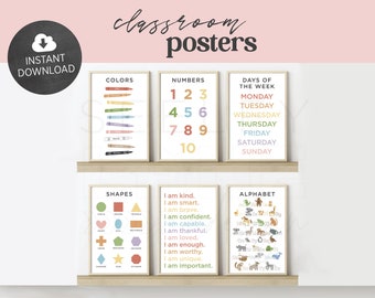 Set of 6 Printable Classroom Posters, Educational Wall Art, Boho Playroom Wall Art, Instant Download, Digital Files