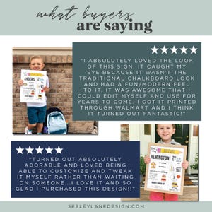 May include: Two five-star reviews for a customizable printable sign for a child's first day of school. The sign features a child's name, age, height, favorite things, and what they want to be when they grow up. The reviews highlight the ease of customization and the high-quality print.