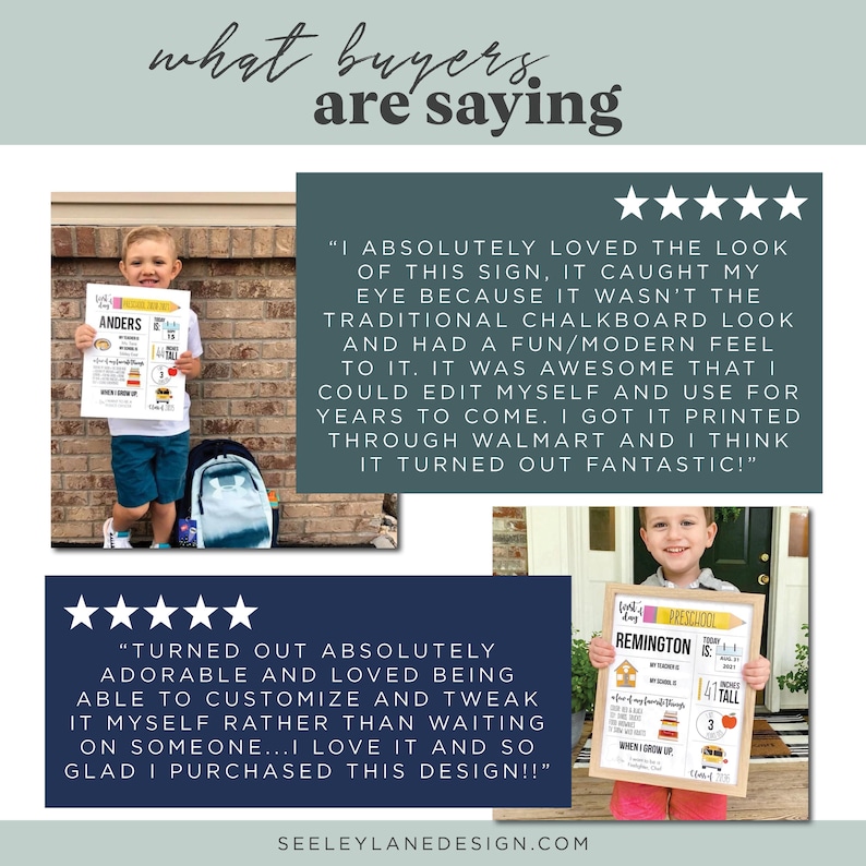 May include: Two five-star reviews for a customizable printable sign for a child's first day of school. The sign features a child's name, age, height, favorite things, and what they want to be when they grow up. The reviews highlight the ease of customization and the high-quality print.