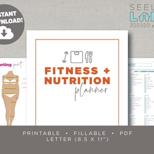 May include: Printable fitness and nutrition planner with a scale, fork, and knife icon. The planner is titled "Fitness + Nutrition Planner" and is described as "Printable, Fillable, PDF, Letter (8.5 x 11")".