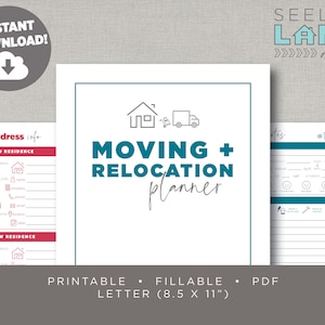May include: Printable moving and relocation planner in teal and red. The planner includes sections for old and new residence address information, moving checklist, and notes. The planner is 8.5 x 11 inches.