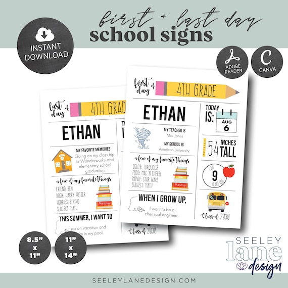 First and Last Day of School Sign PDF, JPG Templates with Child Details, 8"x10", 11x14", Printable, Editable, Instant Download, Digital File