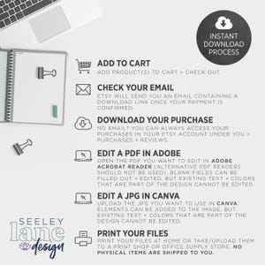 May include: A graphic with instructions on how to download, edit, and print digital files. The graphic includes icons for a shopping cart, email, a cloud download, a PDF file, a JPG file, and a printer. The text reads "Add to Cart", "Check Your Email", "Download Your Purchase", "Edit a PDF in Adobe", "Edit a JPG in Canva", and "Print Your Files".