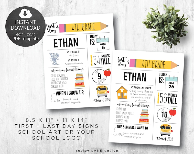 Printable First and Last Day of School Sign Template with Child Details, 8'x10', 11x14', Instant Download, Digital File 