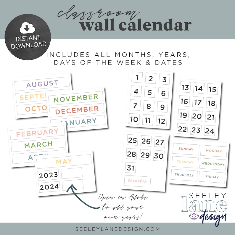 May include: A printable classroom wall calendar with colourful months, days of the week, and numbers. The calendar includes the years 2023 and 2024. The text "Open in Adobe to add your own years!" is included.