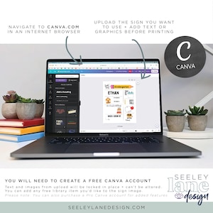 May include: A laptop computer displaying a Canva design template for a personalized kindergarten sign. The sign features the name "Ethan" and includes information about the student's age, height, and favorite things. The design is colorful and features a school bus, a house, and a book.